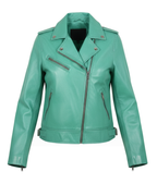 Sea Green Women Biker Real Leather Jacket