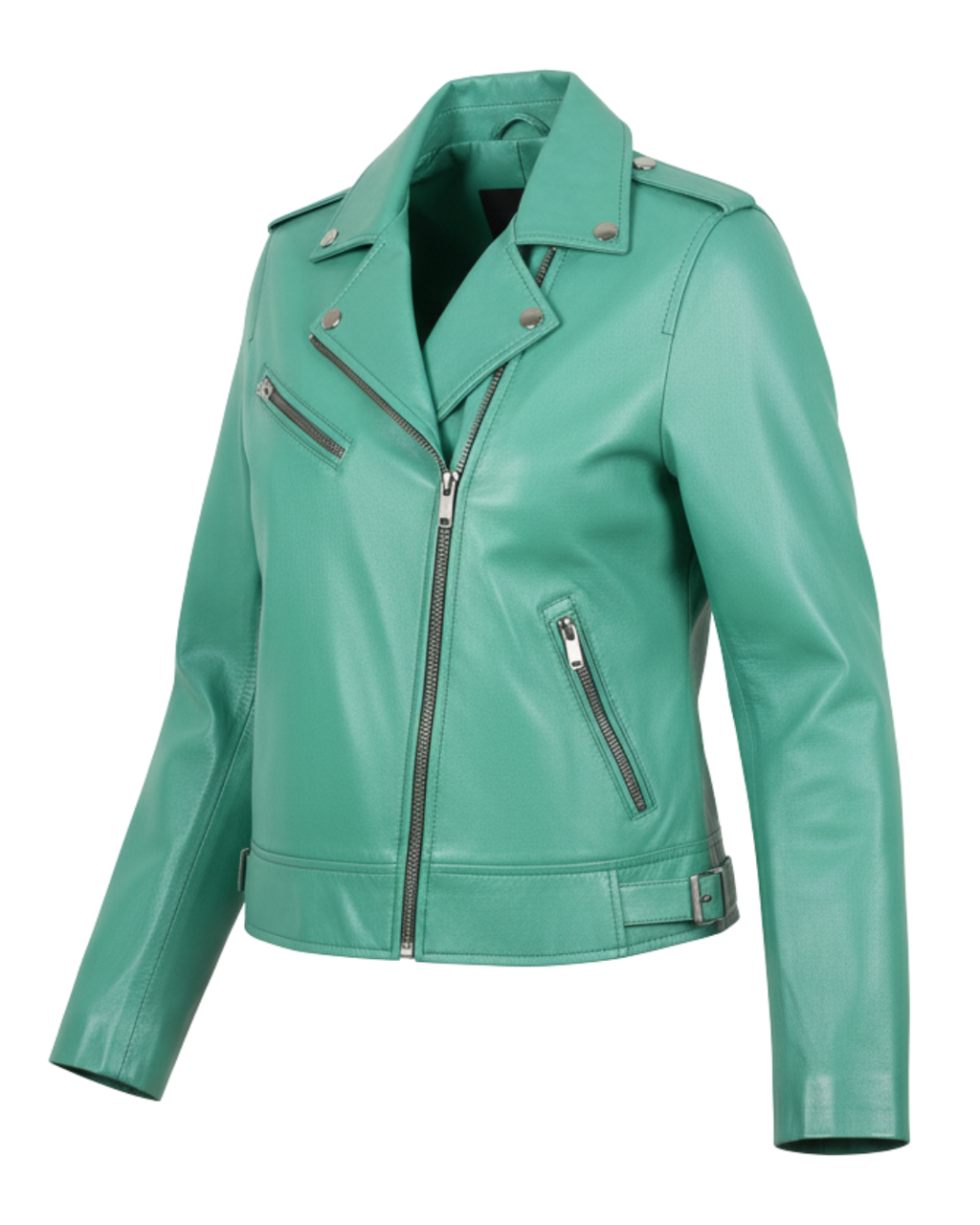 Sea Green Women Biker Real Leather Jacket