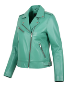 Sea Green Women Biker Real Leather Jacket
