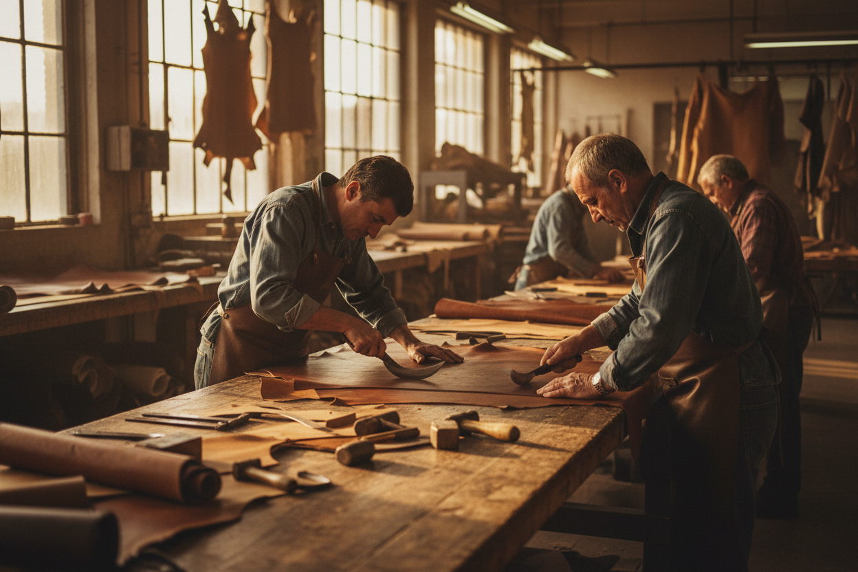 A cinematic leather workshop scene from 2007, skilled artisans hand-cutting premium leather on wooden tables, warm natural lighting, traditional tools, raw hides hanging in background, luxury craftsmanship atmosphere, shallow depth of field, ultra-realistic, editorial fashion photography style.