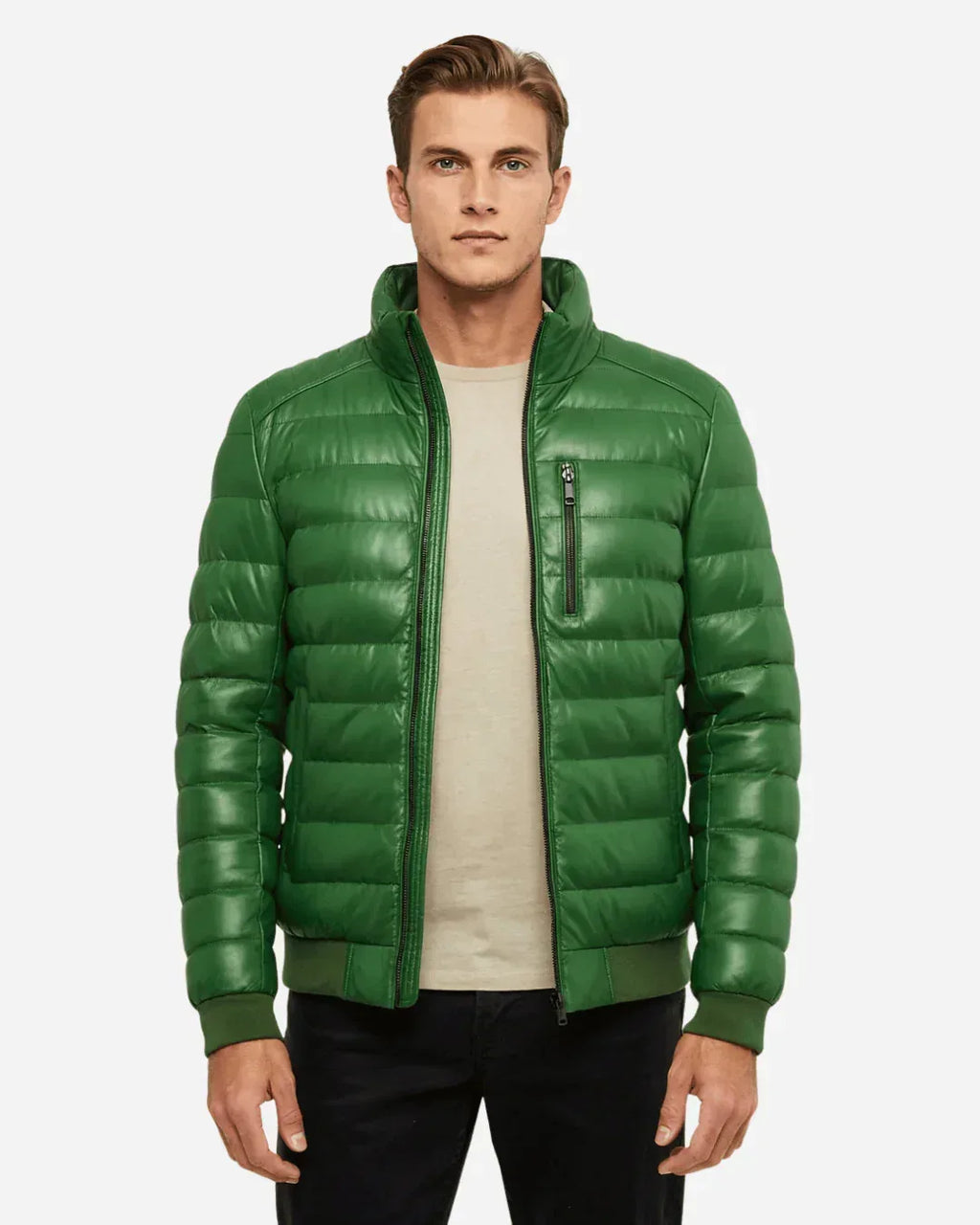 Arctic Shield Puffer Green Leather Jacket