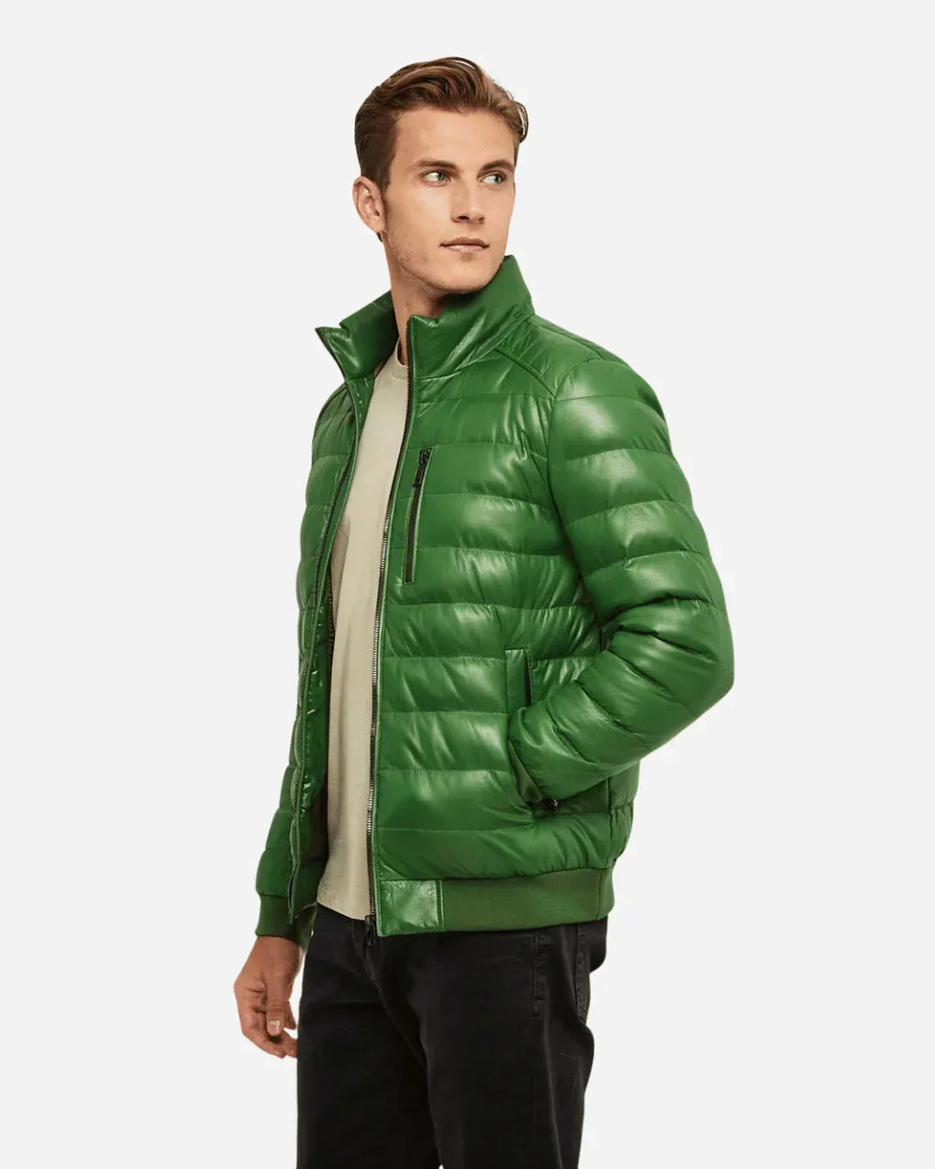 Arctic Shield Puffer Green Leather Jacket