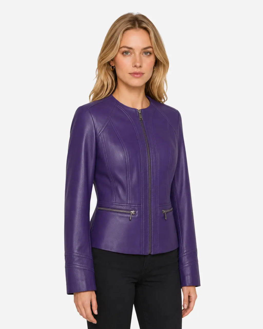 Finest quality sheepskin leather jacket for women in purple color with free shipping