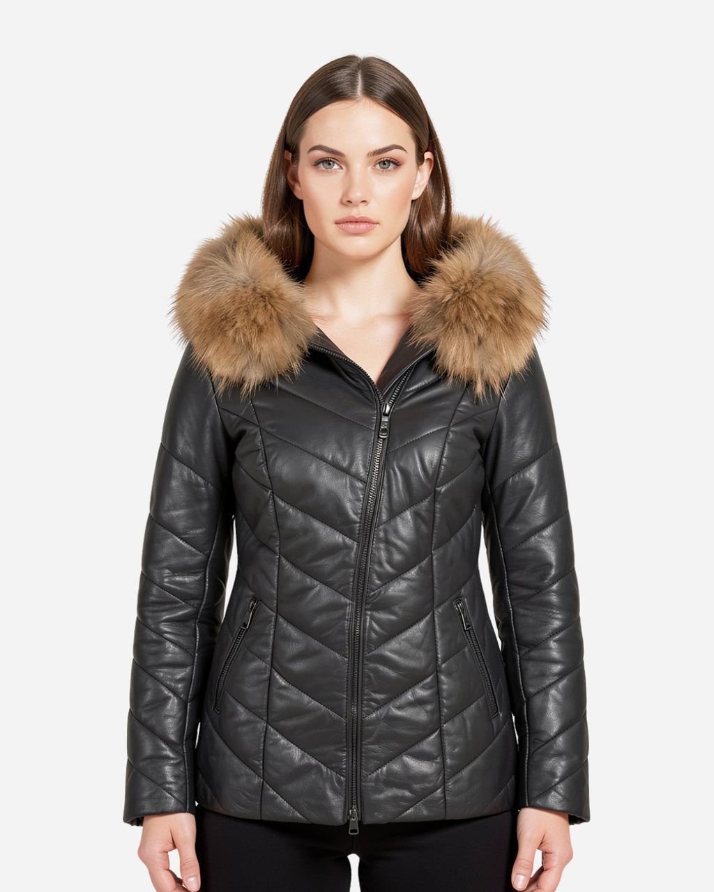 Women's Black Leather Airwarm Parka Coat