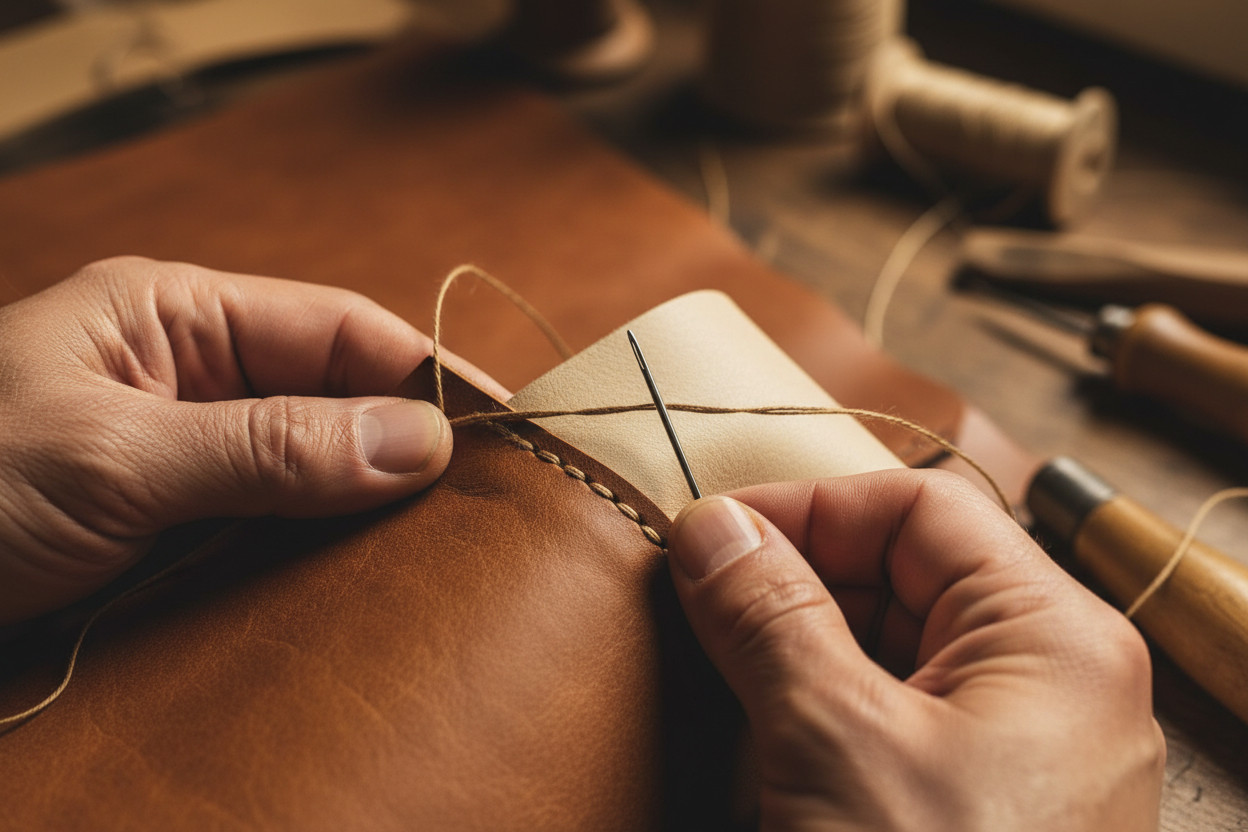 Close-up of artisan hands stitching leather by hand, visible grain texture of cowhide and lambskin, precision craftsmanship, macro photography, soft shadows, premium fashion editorial style, ultra-realistic, focus on material quality.