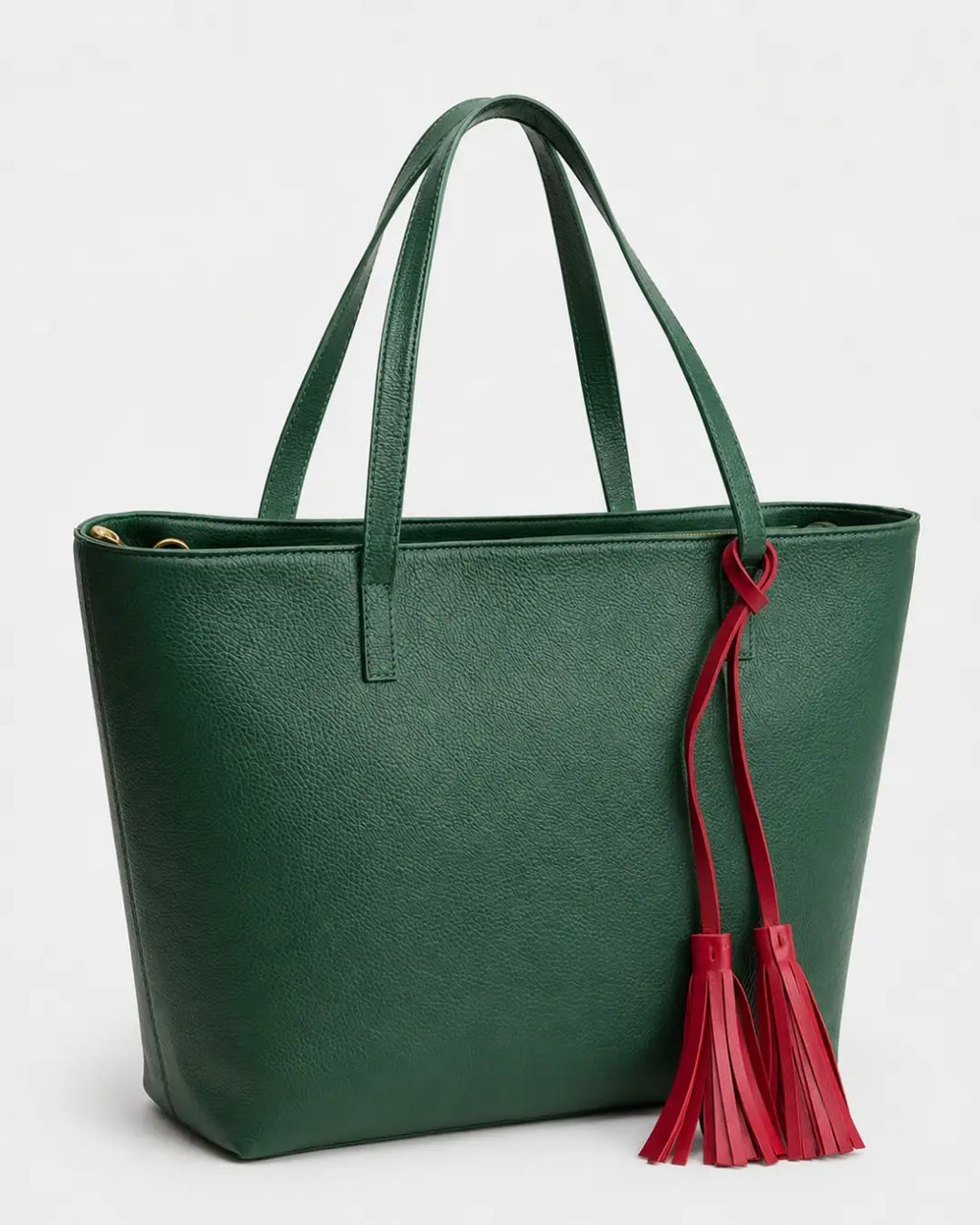 Evergreen Leather Tote Bag in Emerald Green with red leather tassel
