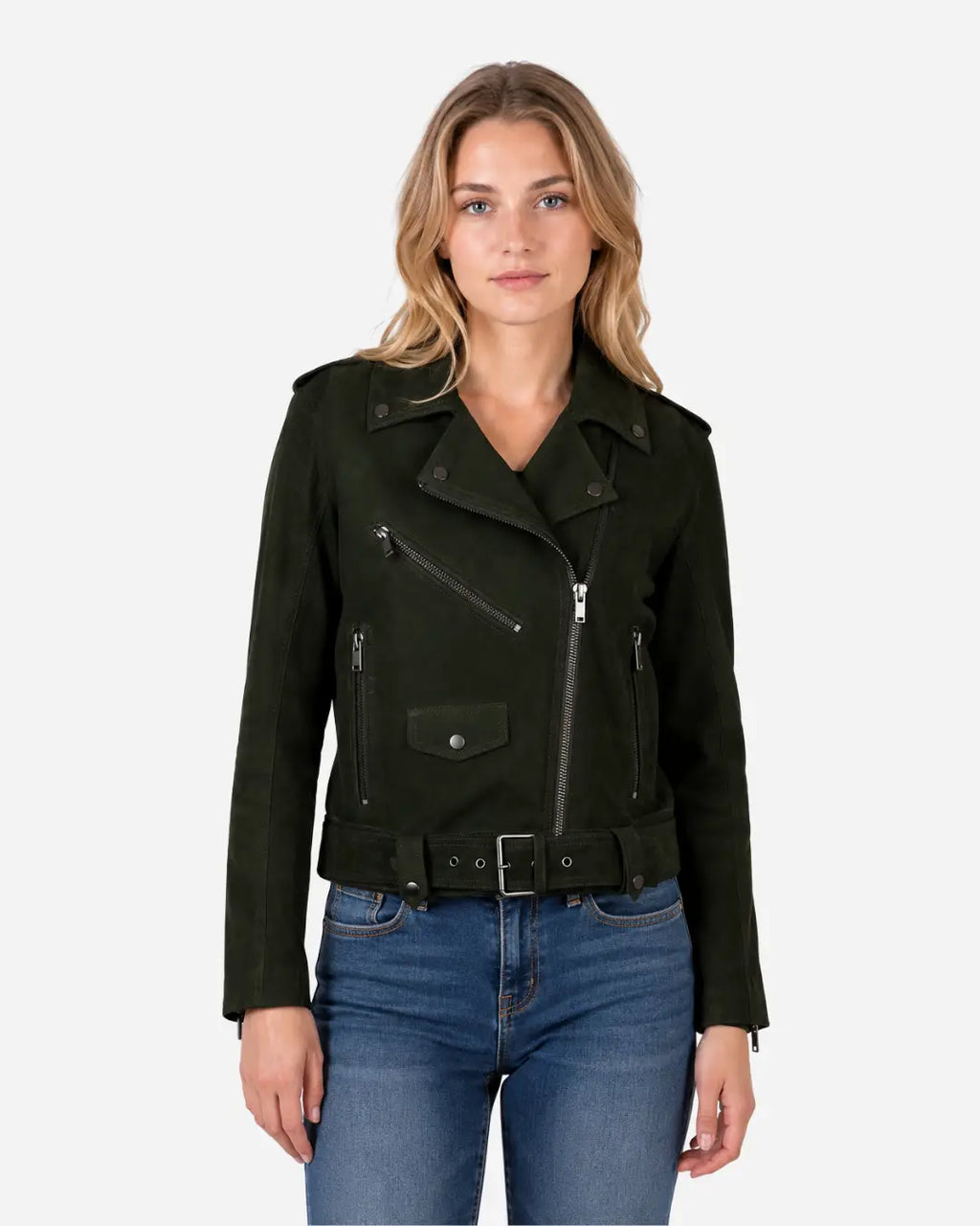 Black Genuine Suede Leather Biker Jacket For Women With Free Shipping 