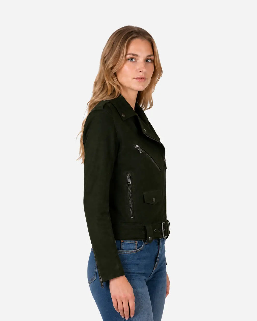 Black Genuine Suede Leather Biker Jacket For Women With Free Shipping 