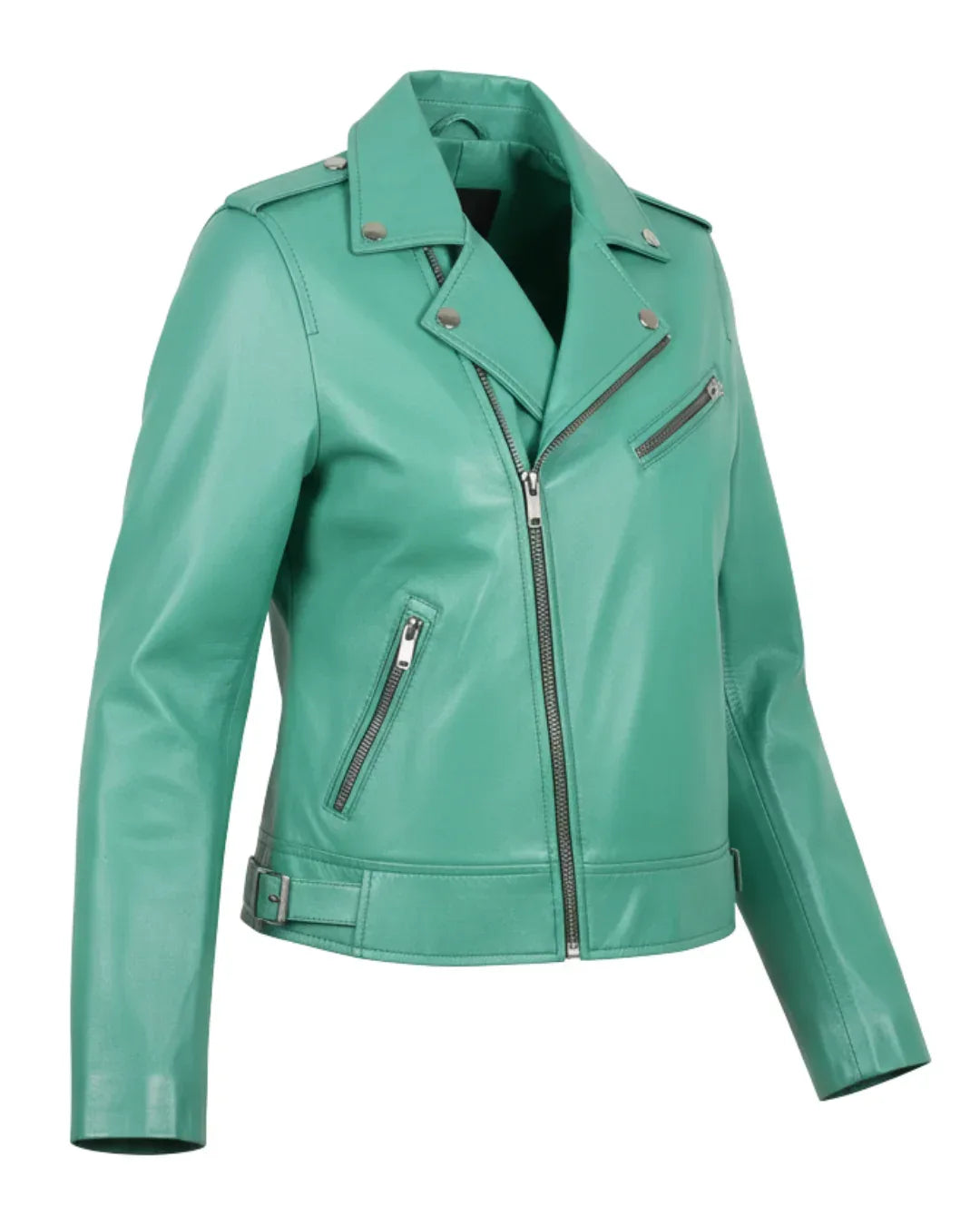 Sea Green Women Biker Real Leather Jacket - Glacier Leather