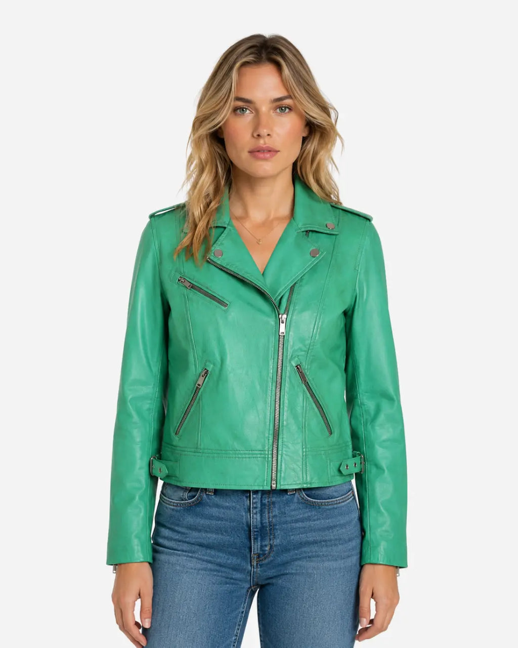 Sea Green Women Biker Real Leather Jacket