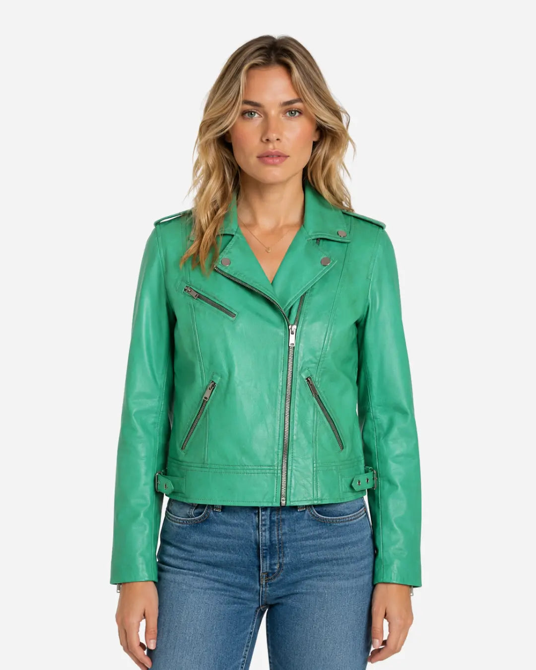 Sea Green Women Biker Real Leather Jacket