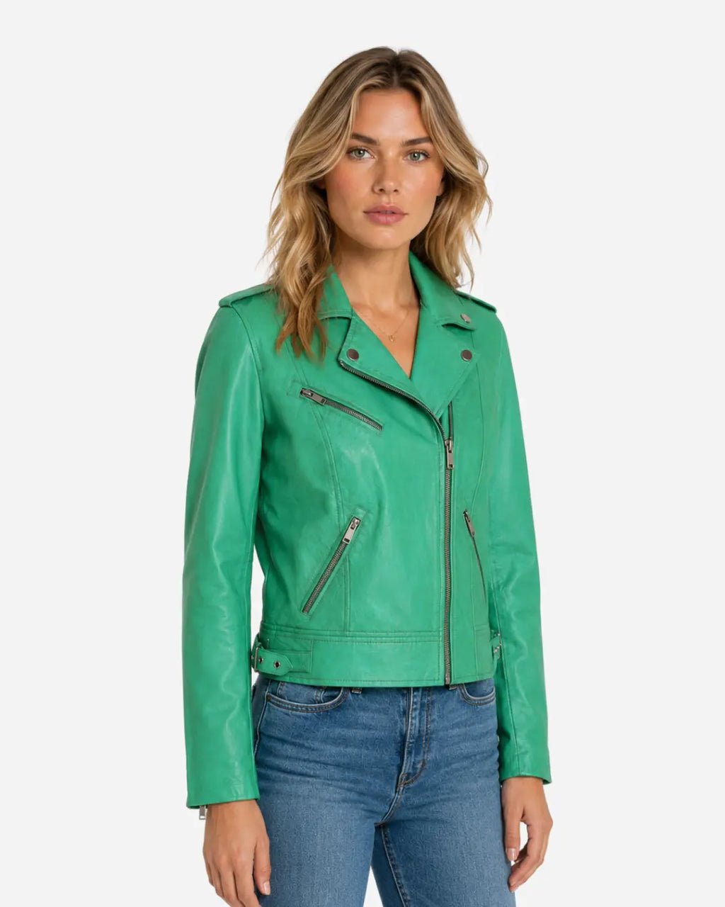 Sea Green Women Biker Real Leather Jacket