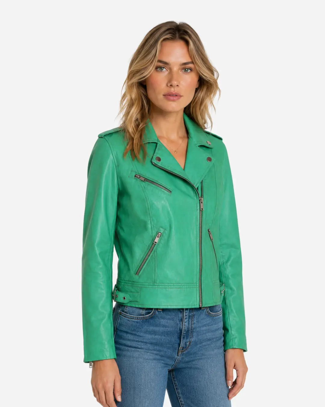 Sea Green Women Biker Real Leather Jacket