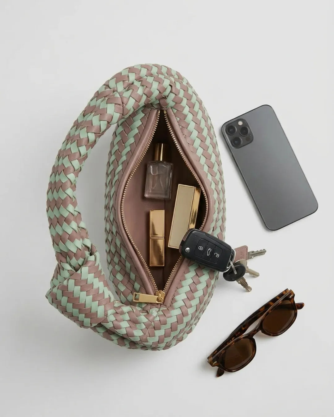 Signature Weave Leather Bag - Green & Brown