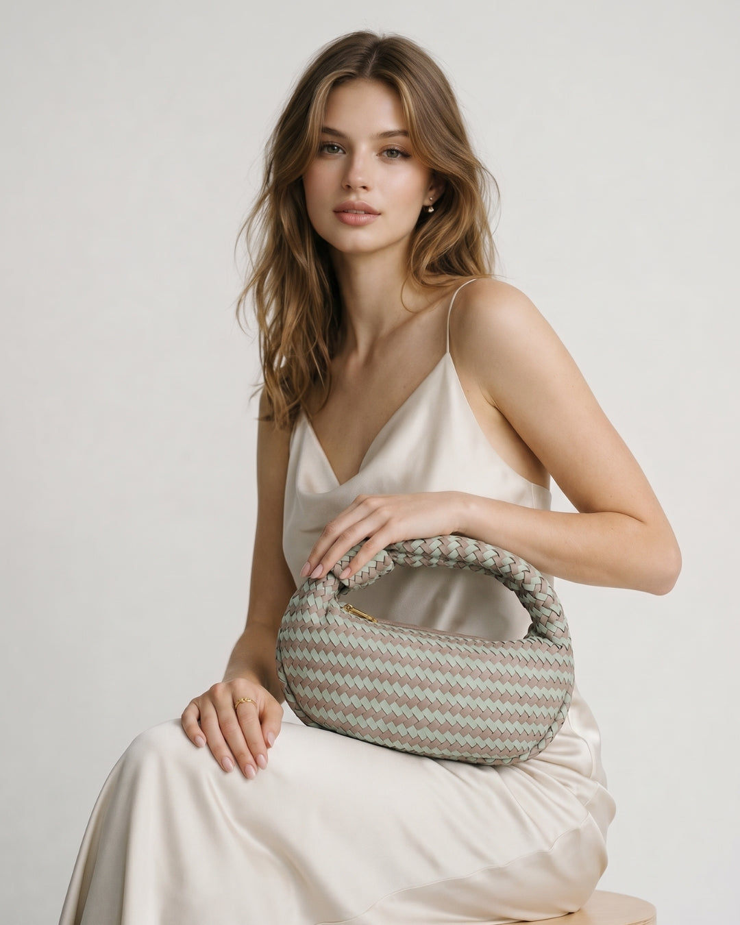 Signature Weave Leather Bag - Green & Brown